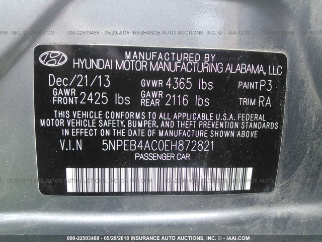 5NPEB4AC0EH872821 - 2014 HYUNDAI SONATA GLS ნაცრისფერი ფოტო 9