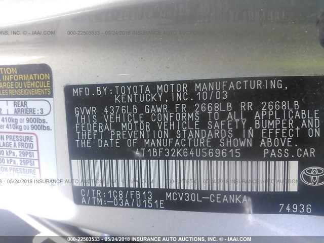 4T1BF32K64U569615 - 2004 TOYOTA CAMRY LE/XLE/SE ვერცხლისფერი ფოტო 9