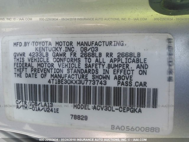 4T1BE30KX3U773743 - 2003 TOYOTA CAMRY LE/XLE/SE ვერცხლისფერი ფოტო 9