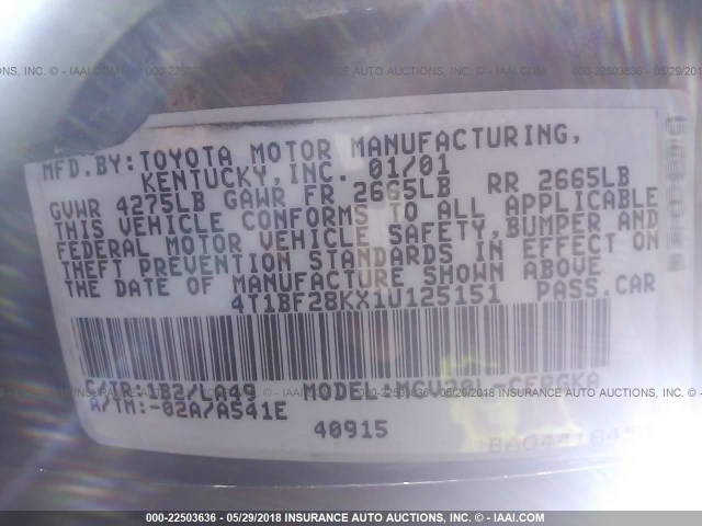 4T1BF28KX1U125151 - 2001 TOYOTA CAMRY LE/XLE ნაცრისფერი ფოტო 9