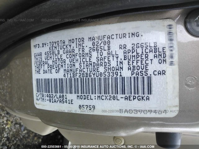 4T1BF28B6YU053391 - 2000 TOYOTA AVALON XL/XLS TAN photo 9