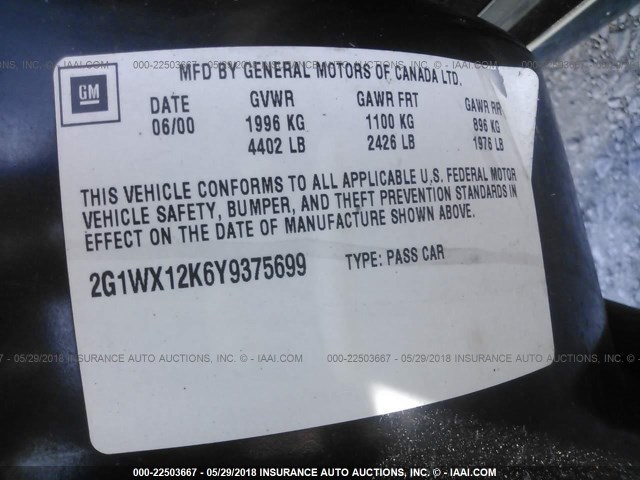 2G1WX12K6Y9375699 - 2000 CHEVROLET MONTE CARLO SS 黑色 照片 9