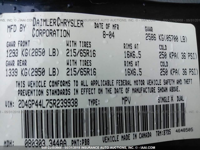 2D4GP44L75R239938 - 2005 DODGE GRAND CARAVAN SXT Қою көк фото 9