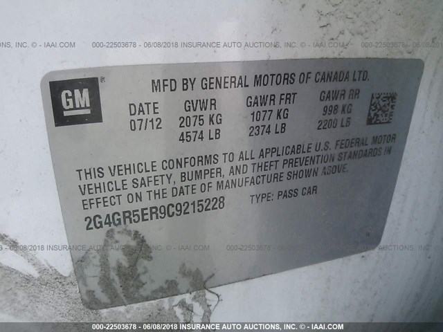 2G4GR5ER9C9215228 - 2012 BUICK REGAL WHITE photo 9