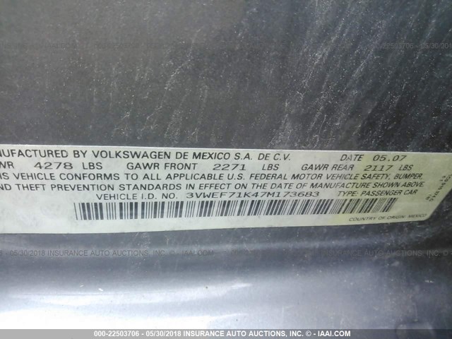 3VWEF71K47M173683 - 2007 VOLKSWAGEN JETTA WOLFSBURG 灰色 照片 9