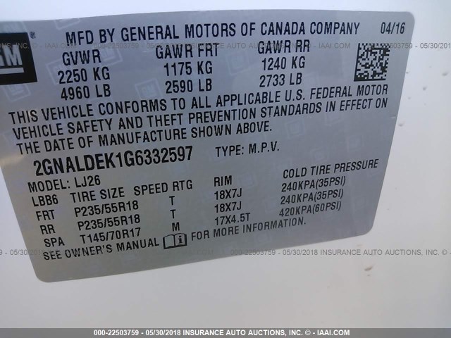 2GNALDEK1G6332597 - 2016 CHEVROLET EQUINOX LTZ WHITE photo 9