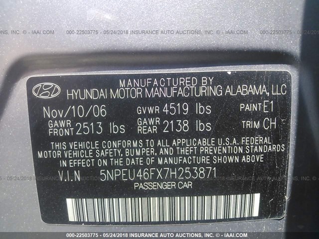 5NPEU46FX7H253871 - 2007 HYUNDAI SONATA SE/LIMITED SILVER photo 9