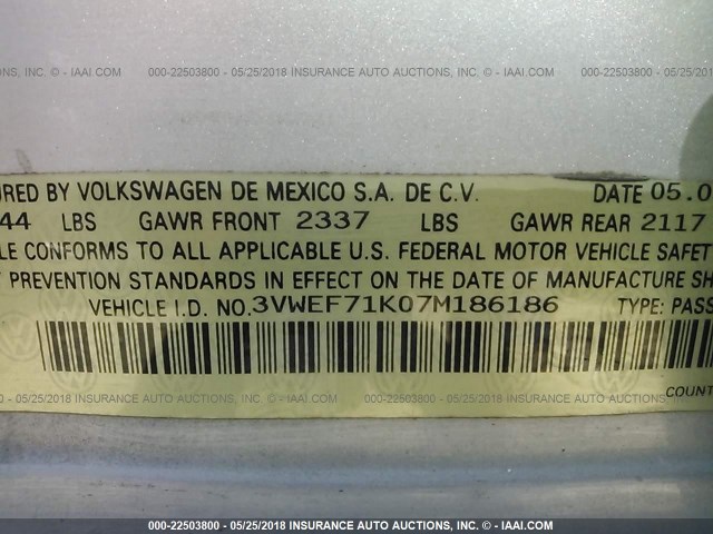 3VWEF71K07M186186 - 2007 VOLKSWAGEN JETTA WOLFSBURG 银色 照片 9
