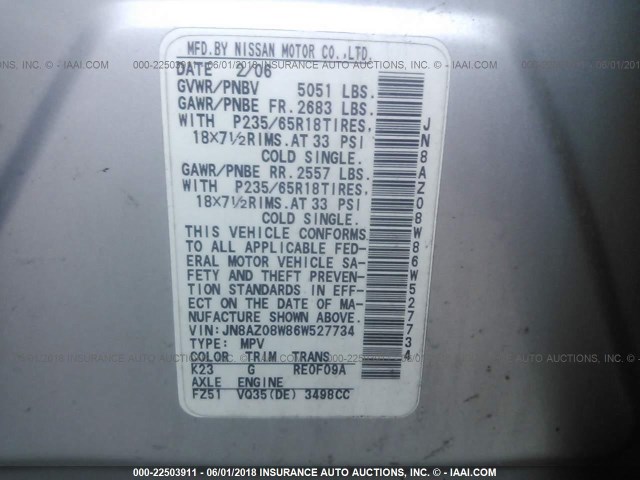 JN8AZ08W86W527734 - 2006 NISSAN MURANO SL/SE/S SILVER photo 9