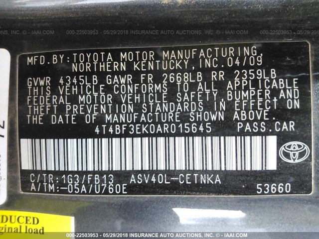 4T4BF3EK0AR015645 - 2010 TOYOTA CAMRY SE/LE/XLE 灰色 照片 9