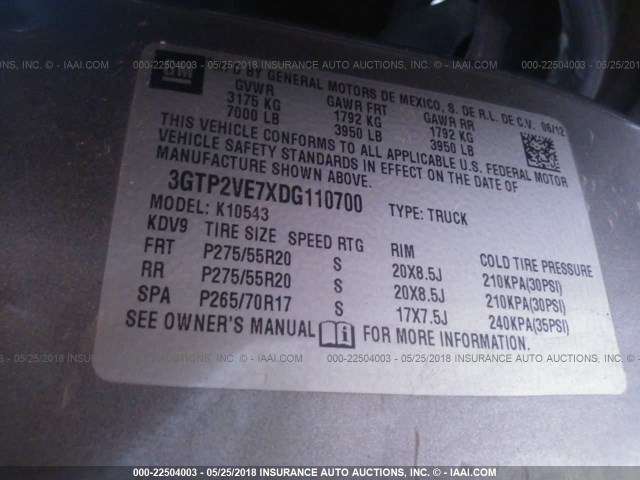 3GTP2VE7XDG110700 - 2013 GMC SIERRA K1500 SLE GRAY photo 9