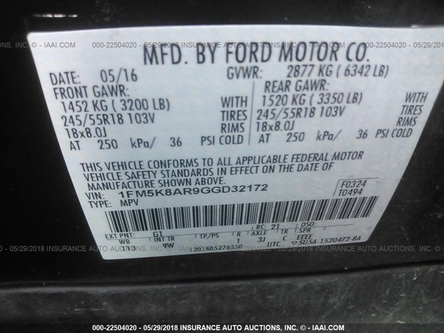 1FM5K8AR9GGD32172 - 2016 FORD EXPLORER POLICE INTERCEPTOR BLACK photo 9