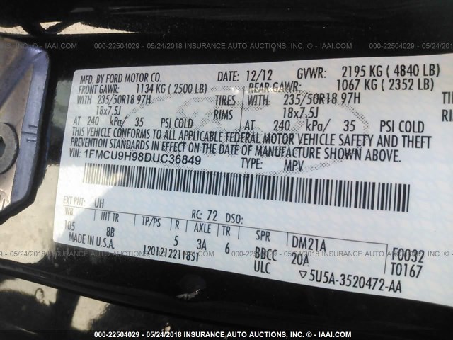 1FMCU9H98DUC36849 - 2013 FORD ESCAPE SEL BLACK photo 9