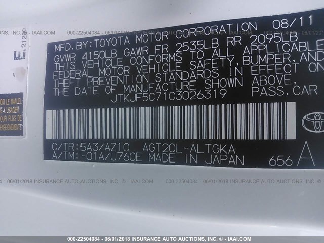 JTKJF5C71C3026319 - 2012 TOYOTA SCION TC 白色 照片 9