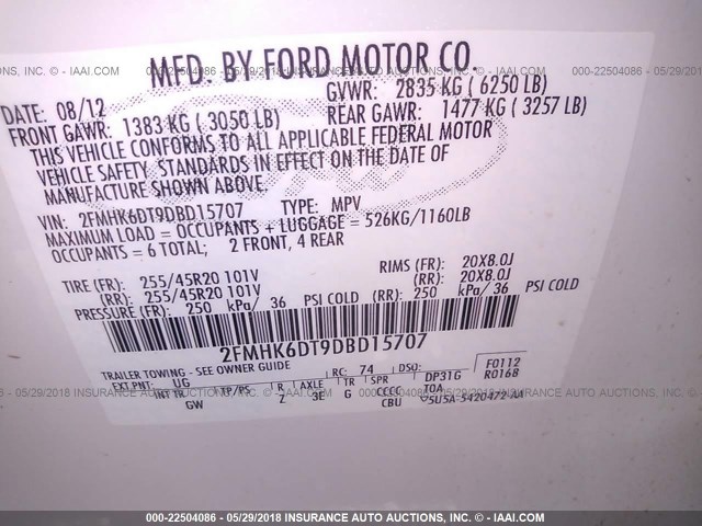 2FMHK6DT9DBD15707 - 2013 FORD FLEX LIMITED WHITE photo 9