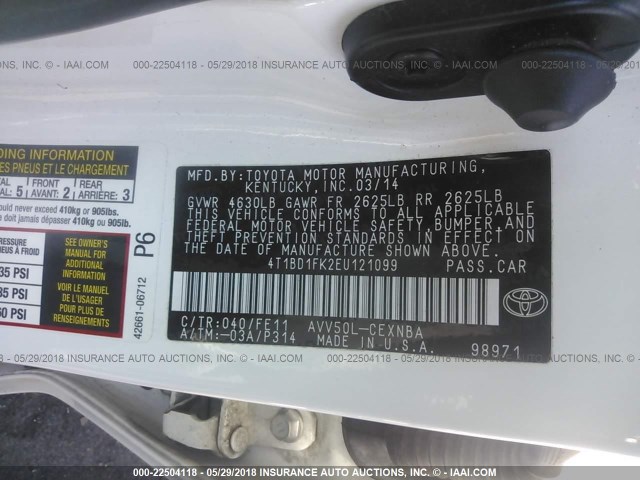 4T1BD1FK2EU121099 - 2014 TOYOTA CAMRY HYBRID/LE/XLE თეთრი ფოტო 9