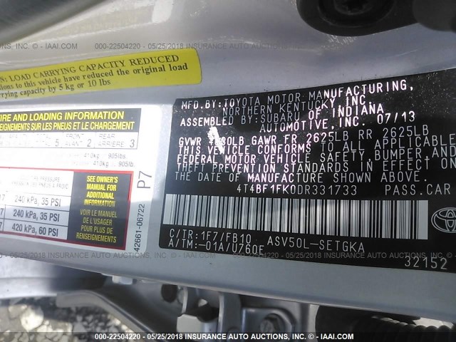 4T4BF1FK0DR331733 - 2013 TOYOTA CAMRY L/SE/LE/XLE 银色 照片 8