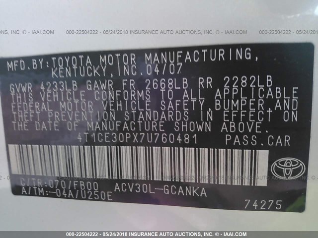 4T1CE30PX7U760481 - 2007 TOYOTA CAMRY SOLARA SE/SLE WHITE photo 9