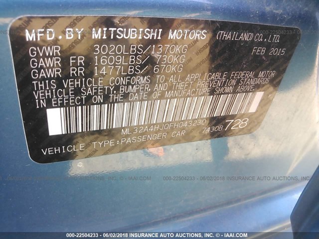 ML32A4HJ0FH043230 - 2015 MITSUBISHI MIRAGE ES BLUE photo 9