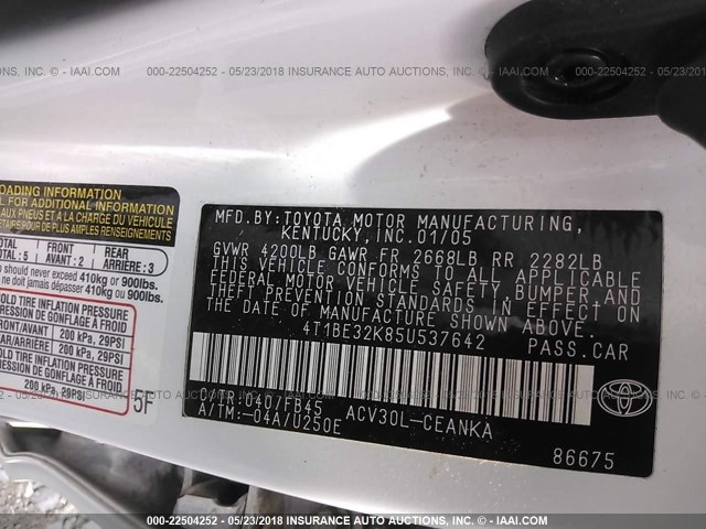 4T1BE32K85U537642 - 2005 TOYOTA CAMRY LE/XLE/SE 白色 照片 9
