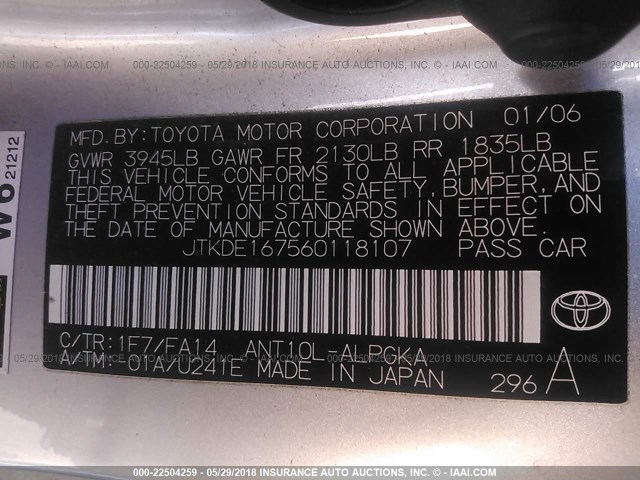 JTKDE167560118107 - 2006 TOYOTA SCION TC 银色 照片 9