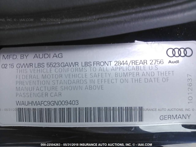 WAUHMAFC9GN009403 - 2016 AUDI A6 PRESTIGE შავი ფოტო 9