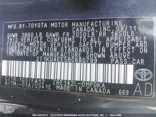 2T1KU4EE5BC680799 - 2011 TOYOTA COROLLA MATRIX  GRAY photo 9