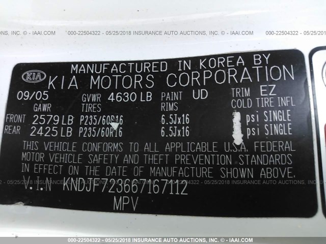 KNDJF723667167112 - 2006 KIA NEW SPORTAGE  WHITE photo 9