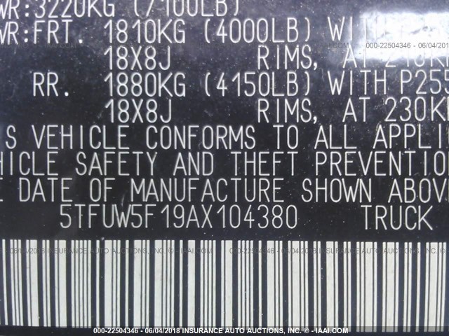 5TFUW5F19AX104380 - 2010 TOYOTA TUNDRA DOUBLE CAB SR5 WHITE photo 9