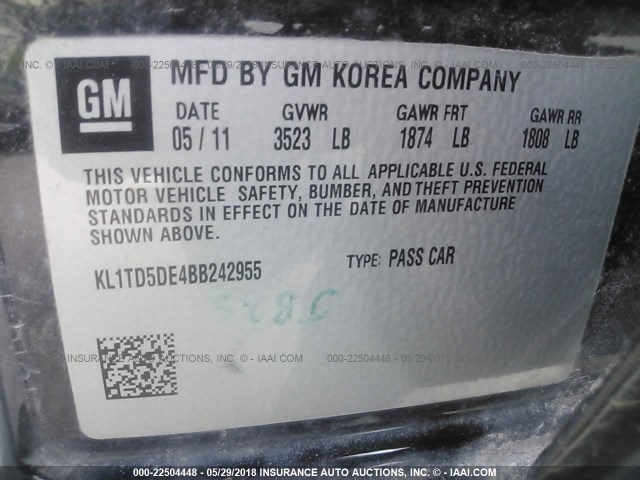 KL1TD5DE4BB242955 - 2011 CHEVROLET AVEO LS/LT 黑色 照片 9