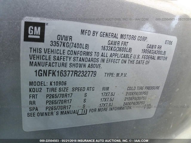 1GNFK16377R232779 - 2007 CHEVROLET SUBURBAN K1500 GRAY photo 9