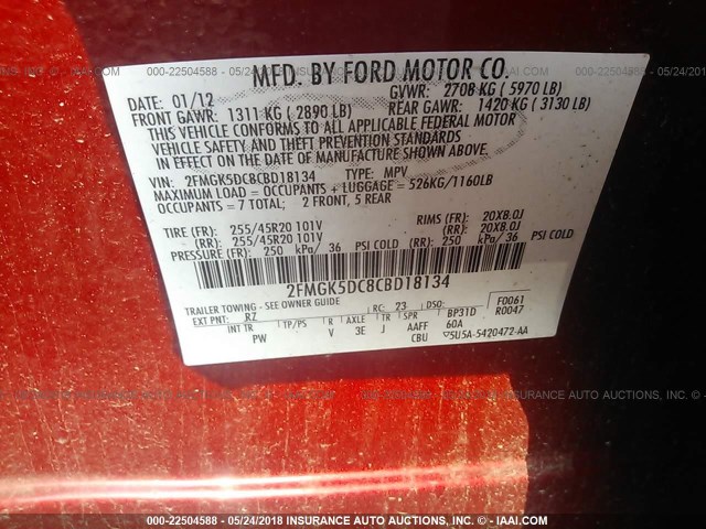 2FMGK5DC8CBD18134 - 2012 FORD FLEX LIMITED RED photo 9