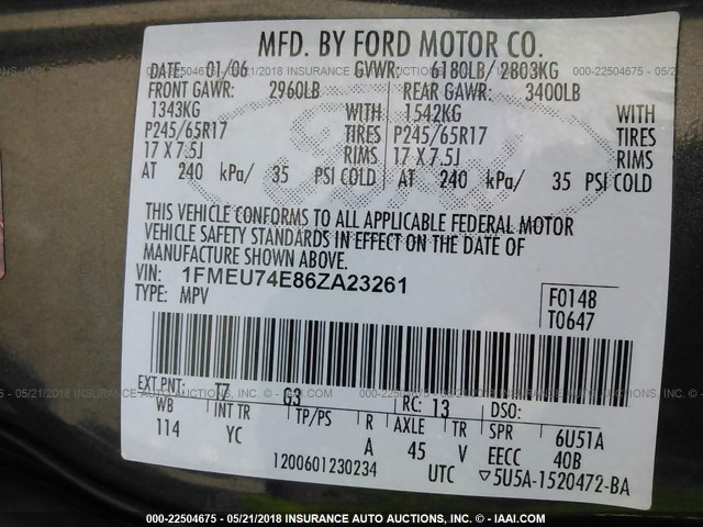 1FMEU74E86ZA23261 - 2006 FORD EXPLORER EDDIE BAUER GRAY photo 9