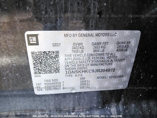 1GNSKHKC9JR204972 - 2018 CHEVROLET SUBURBAN K1500 LT BLACK photo 9