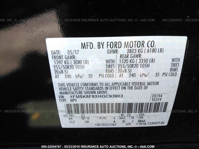 1FM5K8F8XHGC93903 - 2017 FORD EXPLORER LIMITED 黑色 照片 9