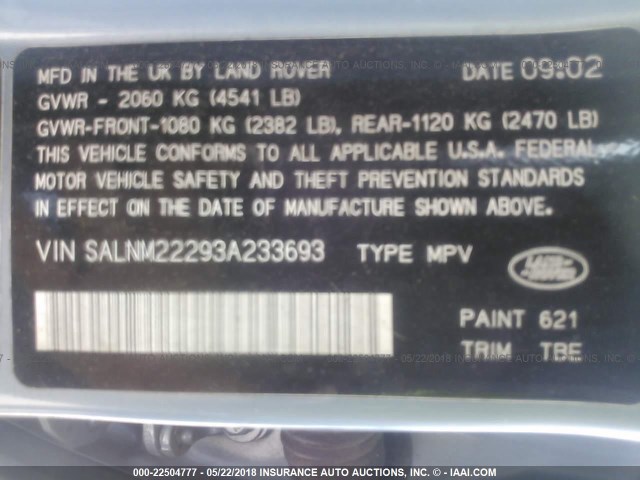 SALNM22293A233693 - 2003 LAND ROVER FREELANDER S BLUE photo 9