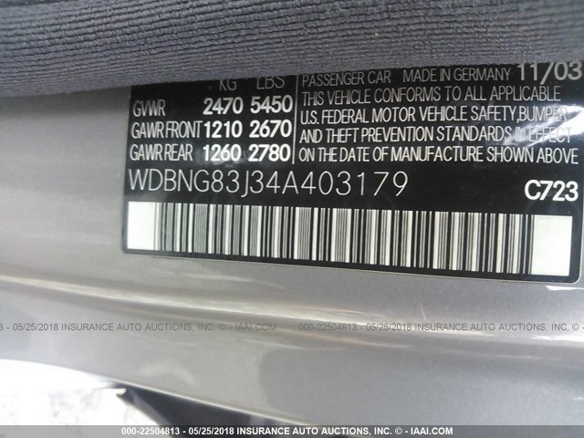 WDBNG83J34A403179 - 2004 MERCEDES-BENZ S 430 4MATIC GRAY photo 9