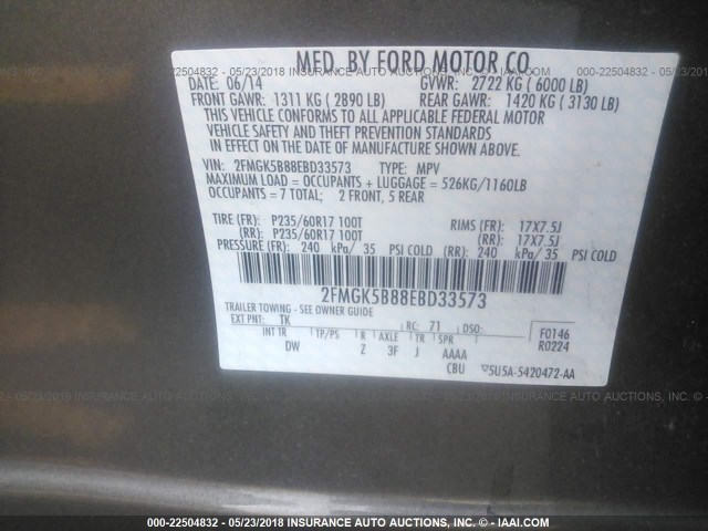 2FMGK5B88EBD33573 - 2014 FORD FLEX SE GOLD photo 9