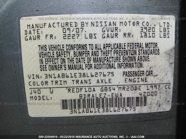 3N1AB61E38L627675 - 2008 NISSAN SENTRA 2.0/2.0S/2.0SL GREEN photo 9