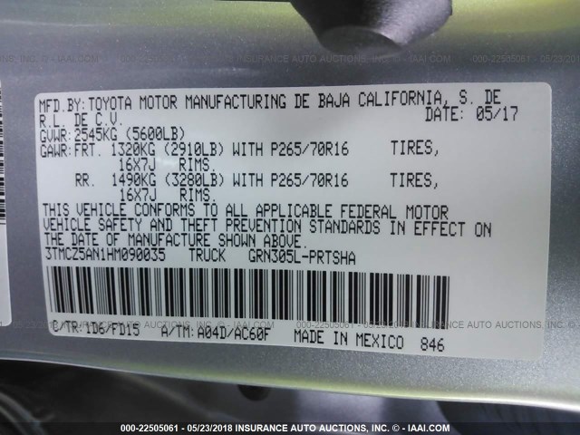 3TMCZ5AN1HM090035 - 2017 TOYOTA TACOMA DBL CAB/SR/TRDSPT/OR/PRO Күміс фото 9