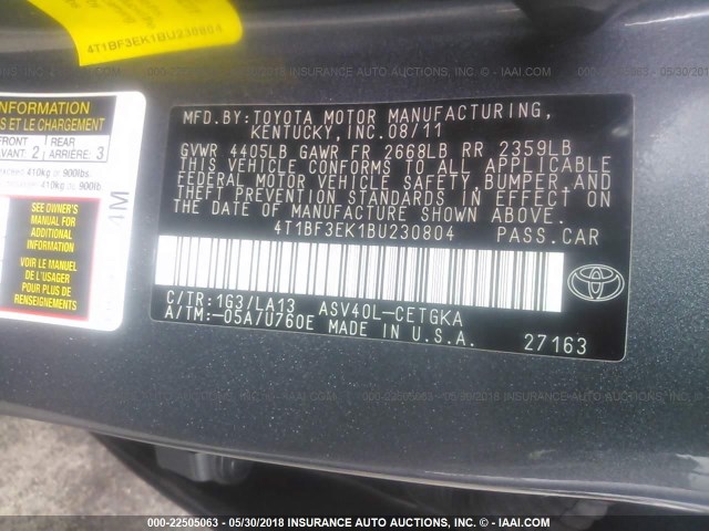 4T1BF3EK1BU230804 - 2011 TOYOTA CAMRY SE/LE/XLE 灰色 照片 9