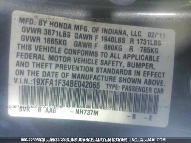 19XFA1F34BE042065 - 2011 HONDA CIVIC VP GRAY photo 9