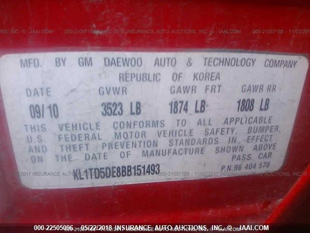 KL1TD5DE8BB151493 - 2011 CHEVROLET AVEO LS/LT 红色 照片 9