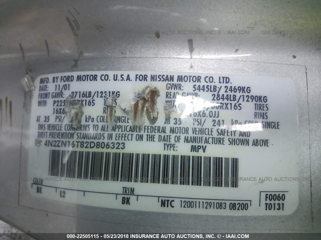 4N2ZN16T82D806323 - 2002 NISSAN QUEST SE SILVER photo 9