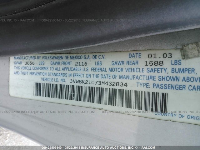 3VWBK21C73M432834 - 2003 VOLKSWAGEN NEW BEETLE GL 银色 照片 9