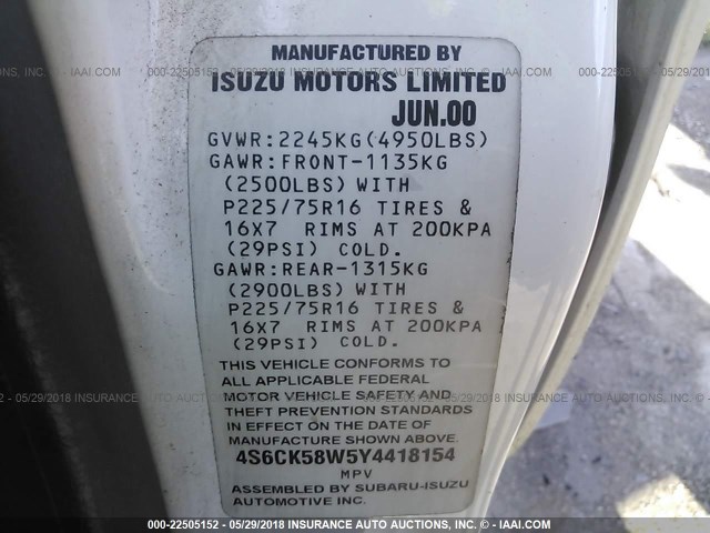 4S6CK58W5Y4418154 - 2000 HONDA PASSPORT EX/LX 白色 照片 9