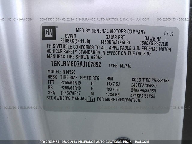 1GKLRMED7AJ107892 - 2010 GMC ACADIA SLT-1 SILVER photo 9