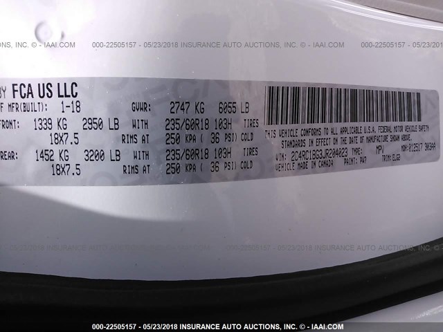 2C4RC1BG3JR204023 - 2018 CHRYSLER PACIFICA TOURING L Սպիտակ լուսանկար 9