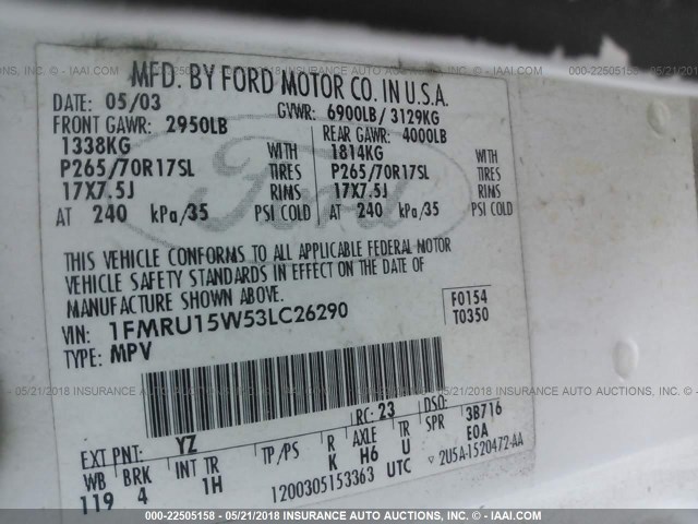 1FMRU15W53LC26290 - 2003 FORD EXPEDITION XLT WHITE photo 9