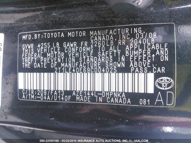 2T1LE40E69C004025 - 2009 TOYOTA COROLLA MATRIX S BLACK photo 9